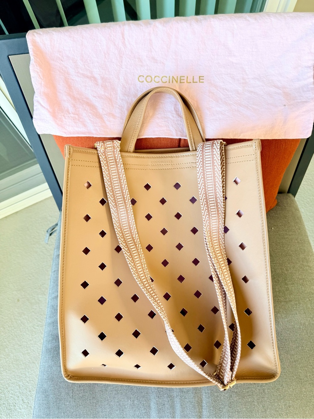 Coccinelle beige nude laser Perforated Leather Tote Bag $390 great condition